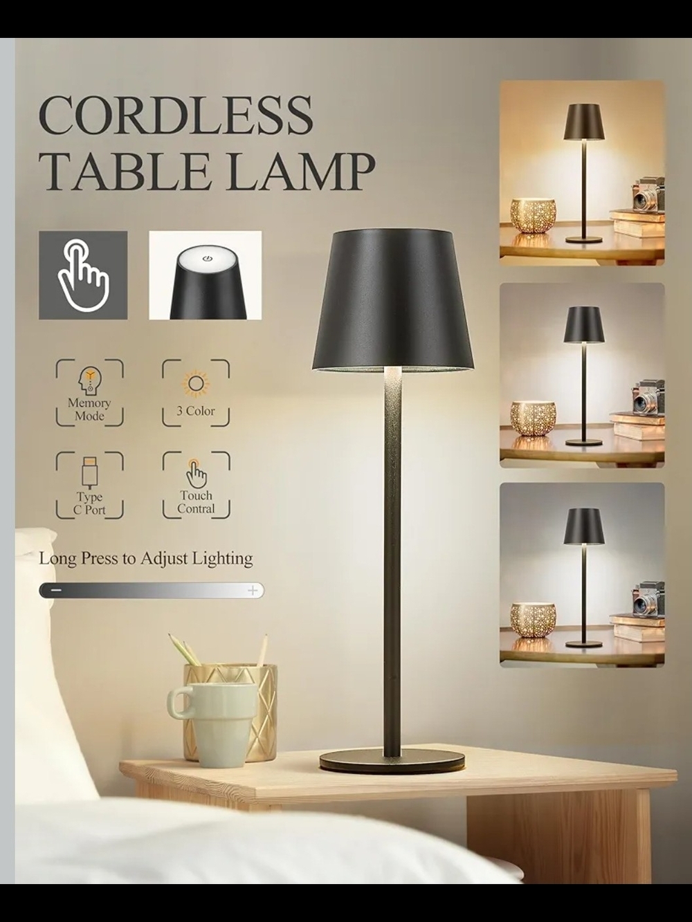 Cordless Table Lamp - Black 2 Pk